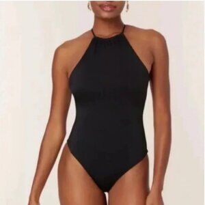 Andie The Asbury High Neck Cross Back Classic Black One Piece Swimsuit Large